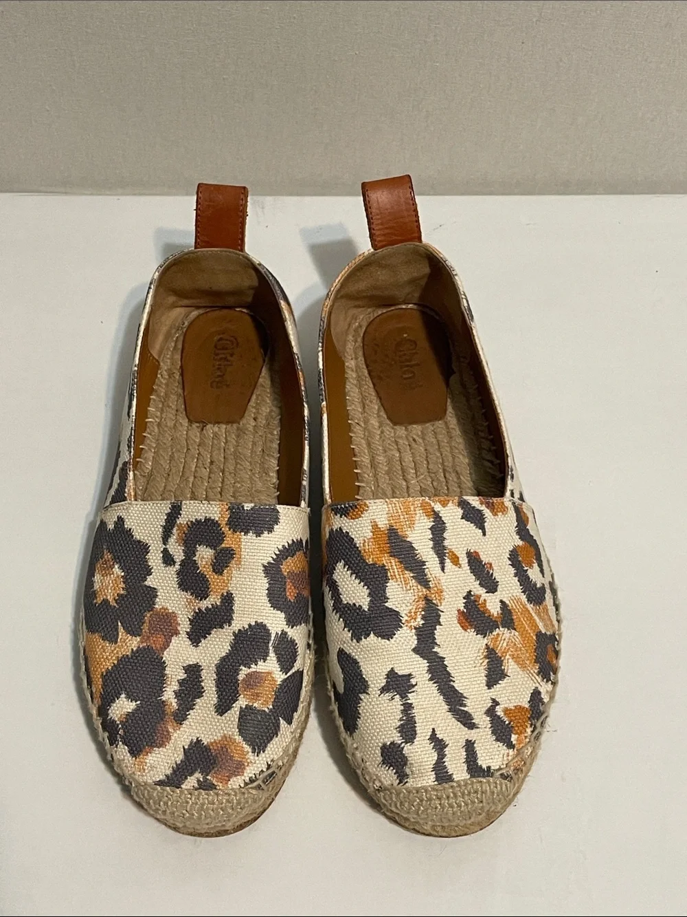 Chloe Leopard Print Espadrille Slip-Ons with Tan Pull Tab - Women. Fits a 8
